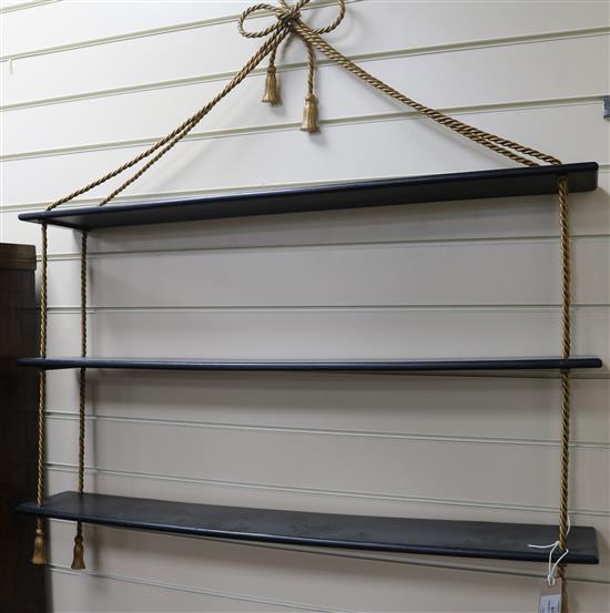 A 1960s three tier faux rope hanging shelf W.92cm